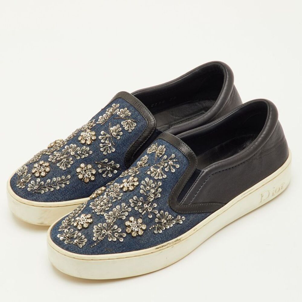 Dior Happy Size 38 Black/navy Blue Leather And Denim Crystal Embellished Slip - Picture 2 of 7